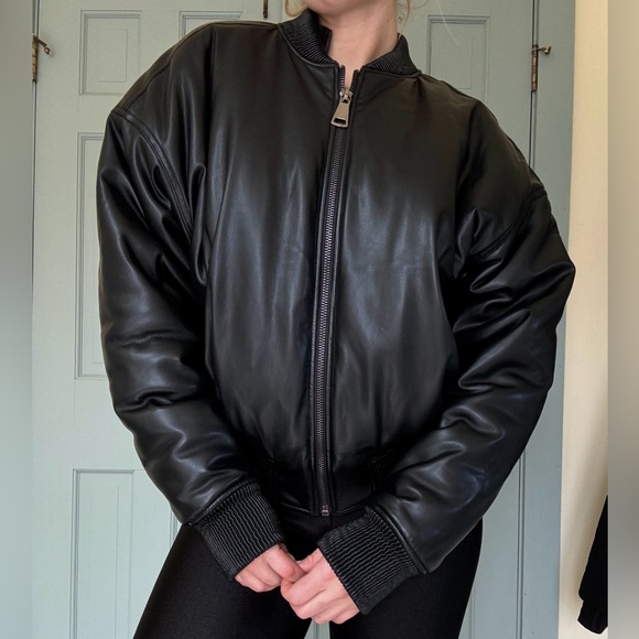 Good American Black Faux Vegan Leather Bomber Jacket L/XL - Picture 6 of 14